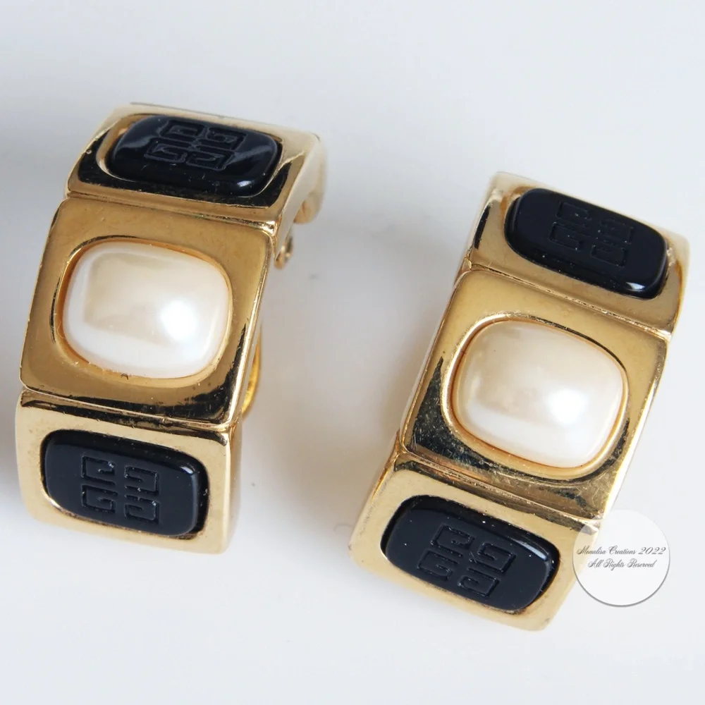 Givenchy Earrings Embossed Logo Stone Faux Pearl Gold Metal Clip Style Vintage - Picture 5 of 12